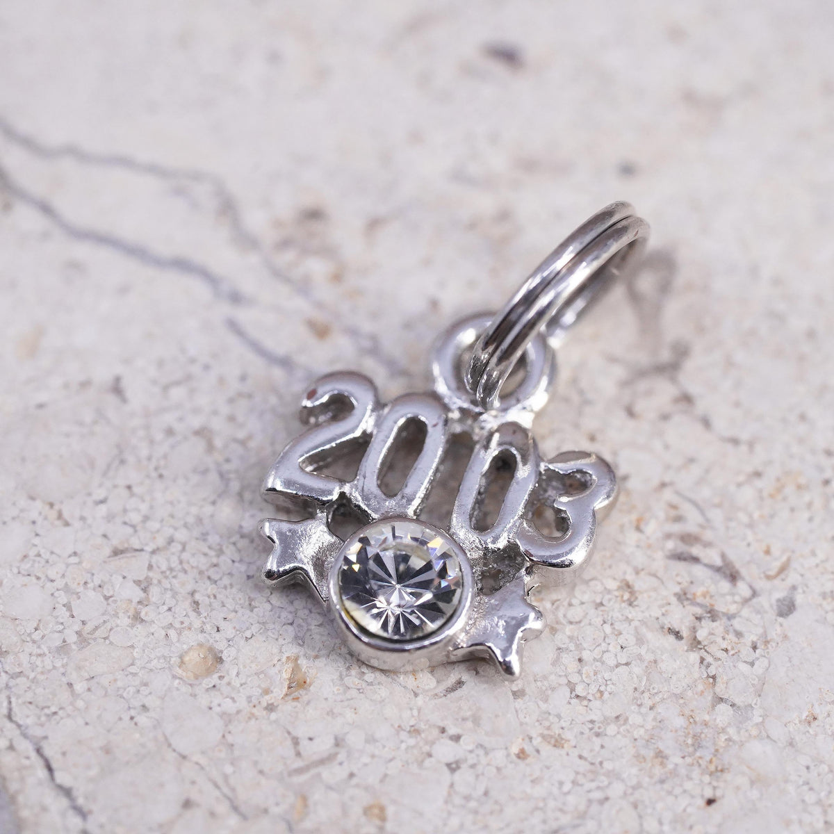 Vintage sterling silver handmade pendant, 925 silver 2003 tag charm with clear crystal