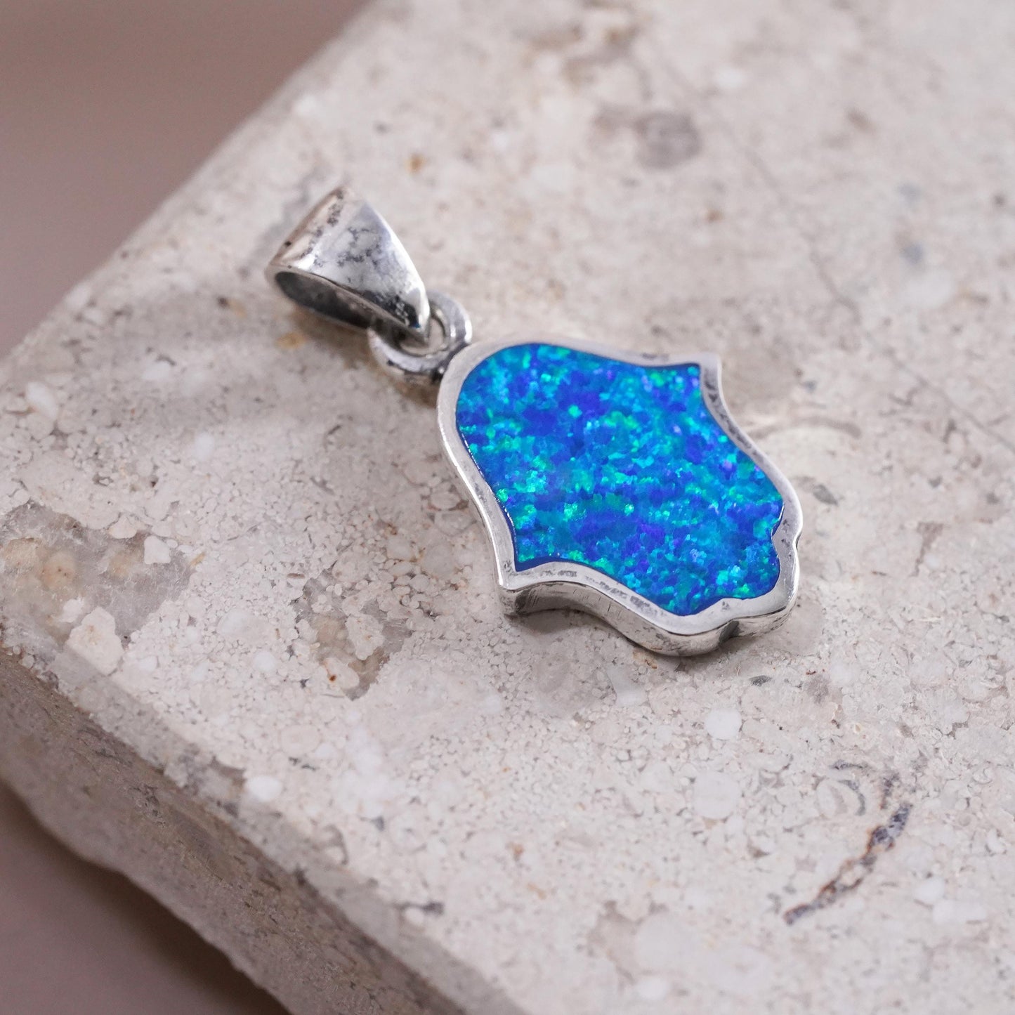 Vintage Sterling silver handmade pendant, 925 healing hand with opal inlay
