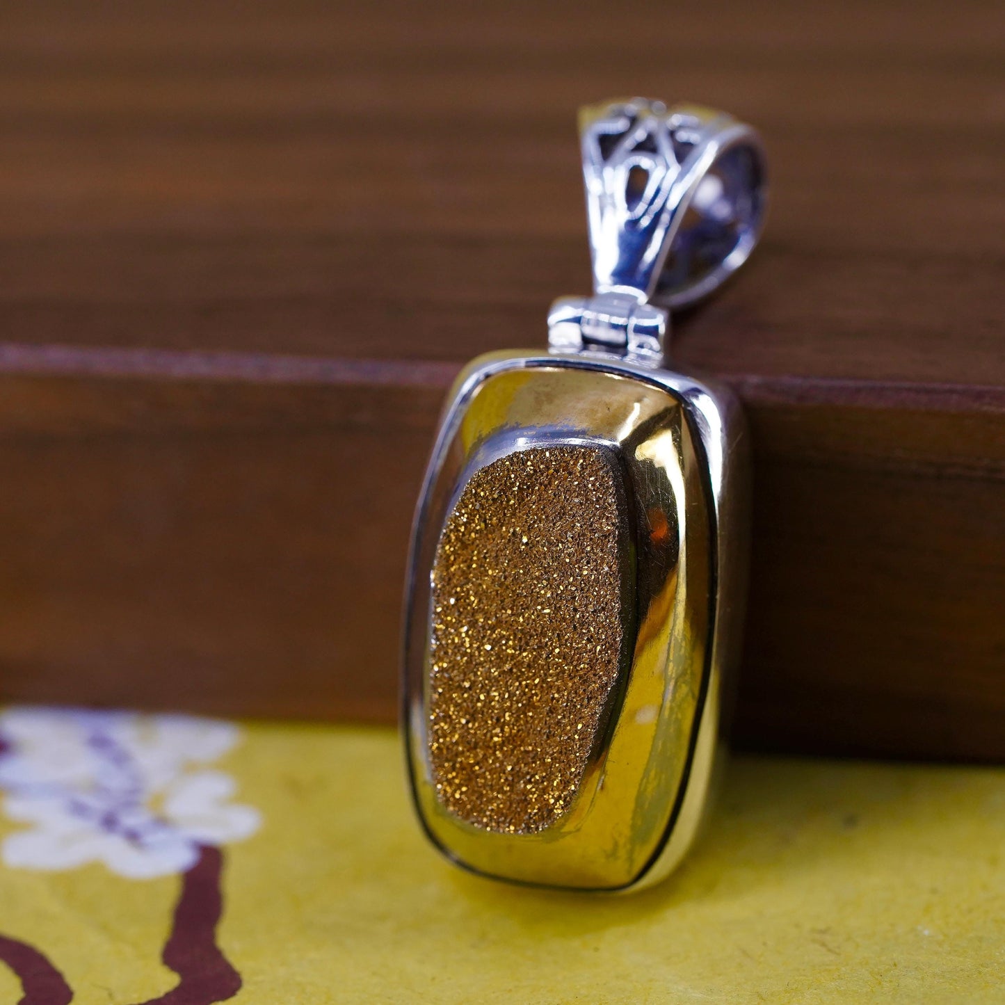 Vintage Sterling 925 silver handmade pendant with golden druzy stone