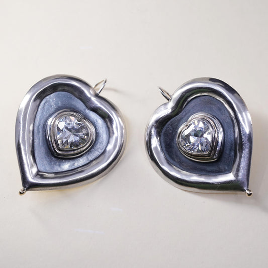 Vintage sterling silver handmade earrings, huge 925 silver heart with CZ