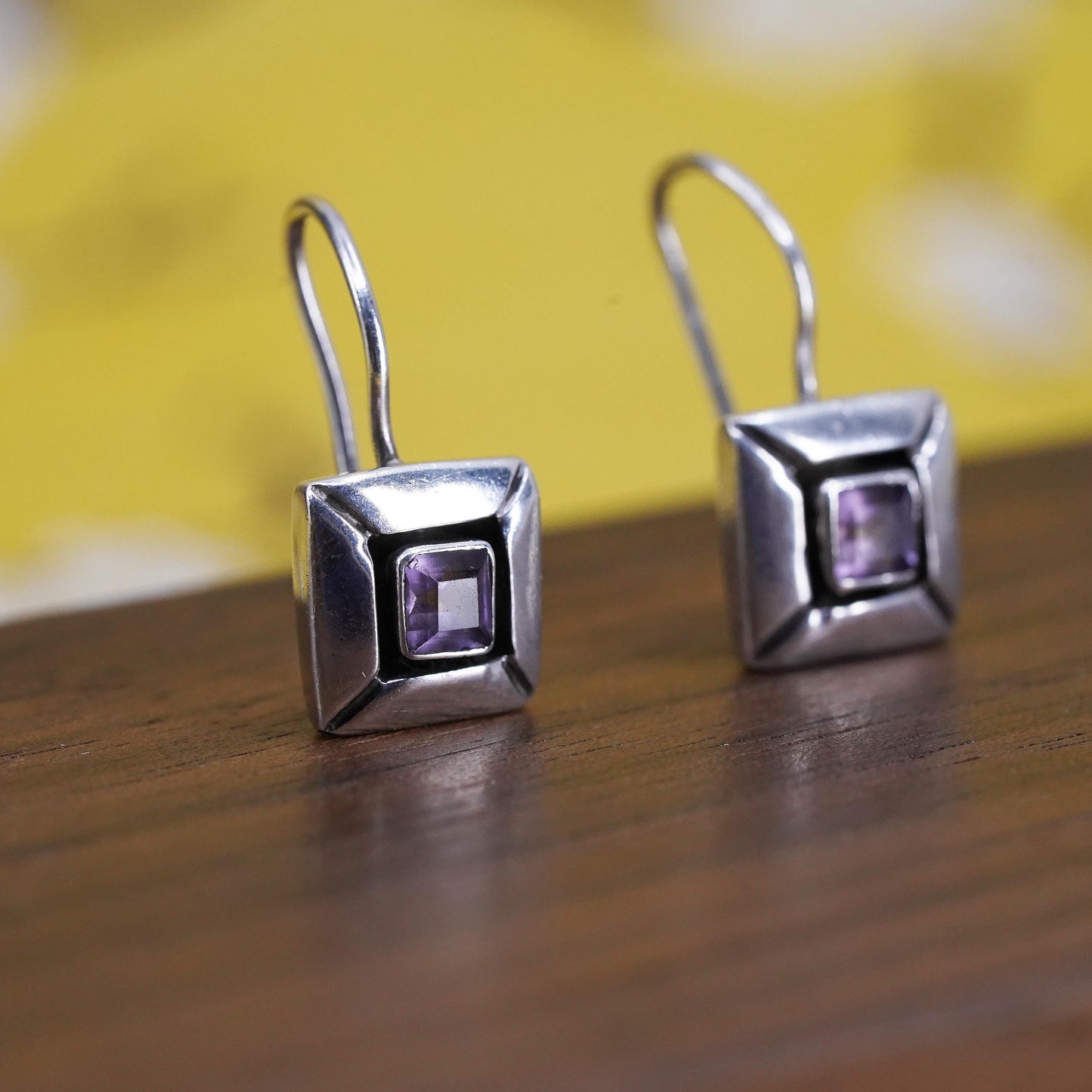 Vintage Sterling 925 silver handmade square earrings with amethyst