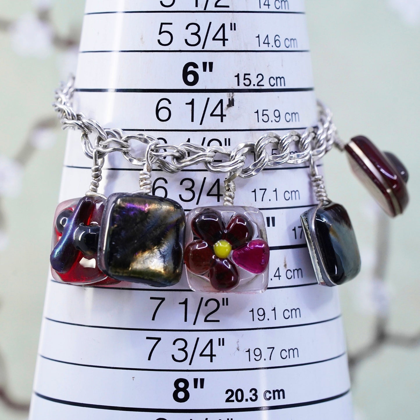 6.5”, Vintage sterling 925 silver double curb bracelet with flower glass charms