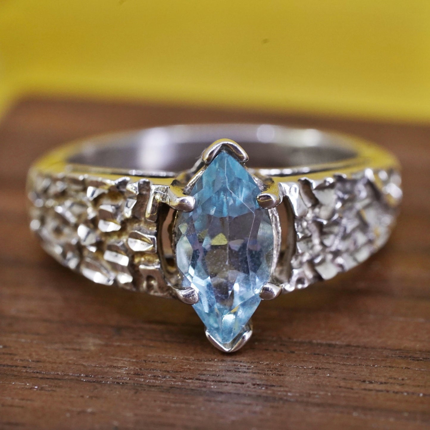 Size 5, vintage sterling 925 silver statement ring with blue topaz