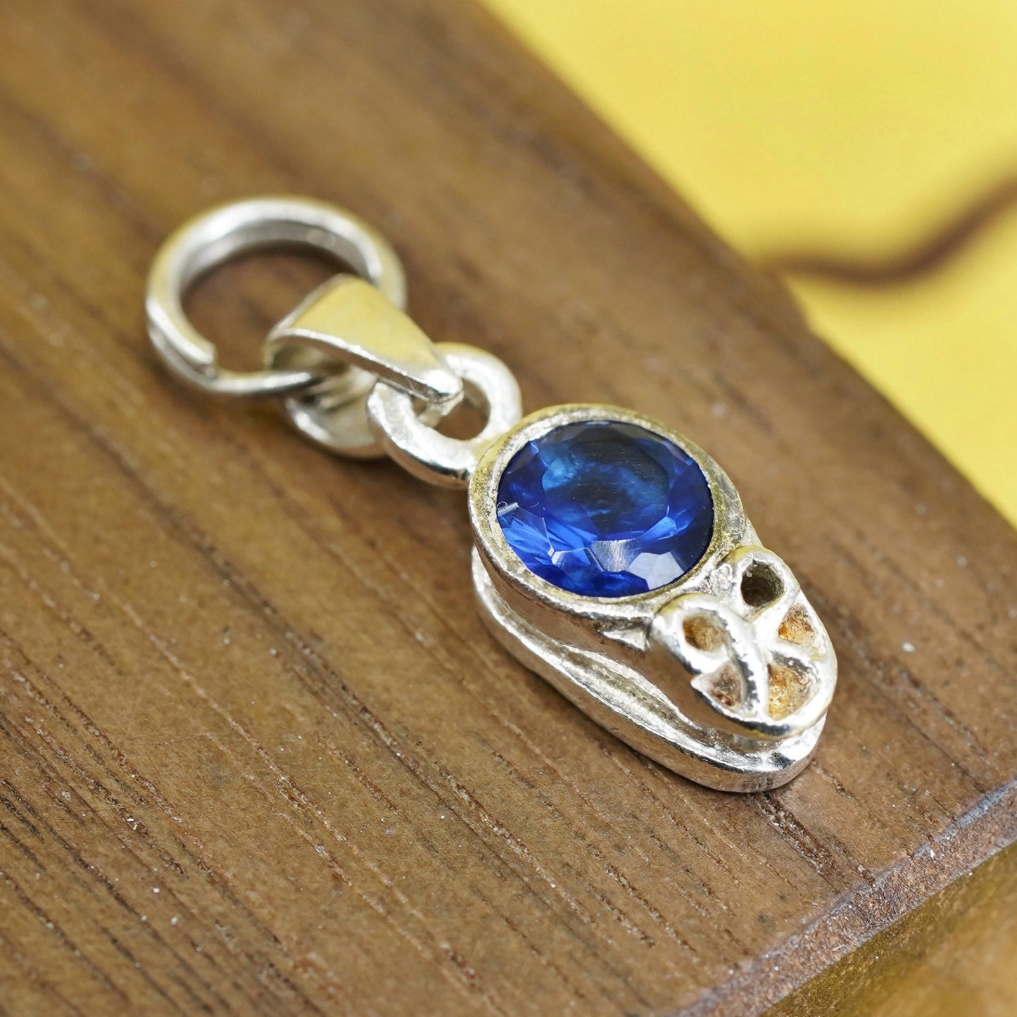 Vintage Sterling silver handmade pendant, 925 baby shoes charm with blue cz