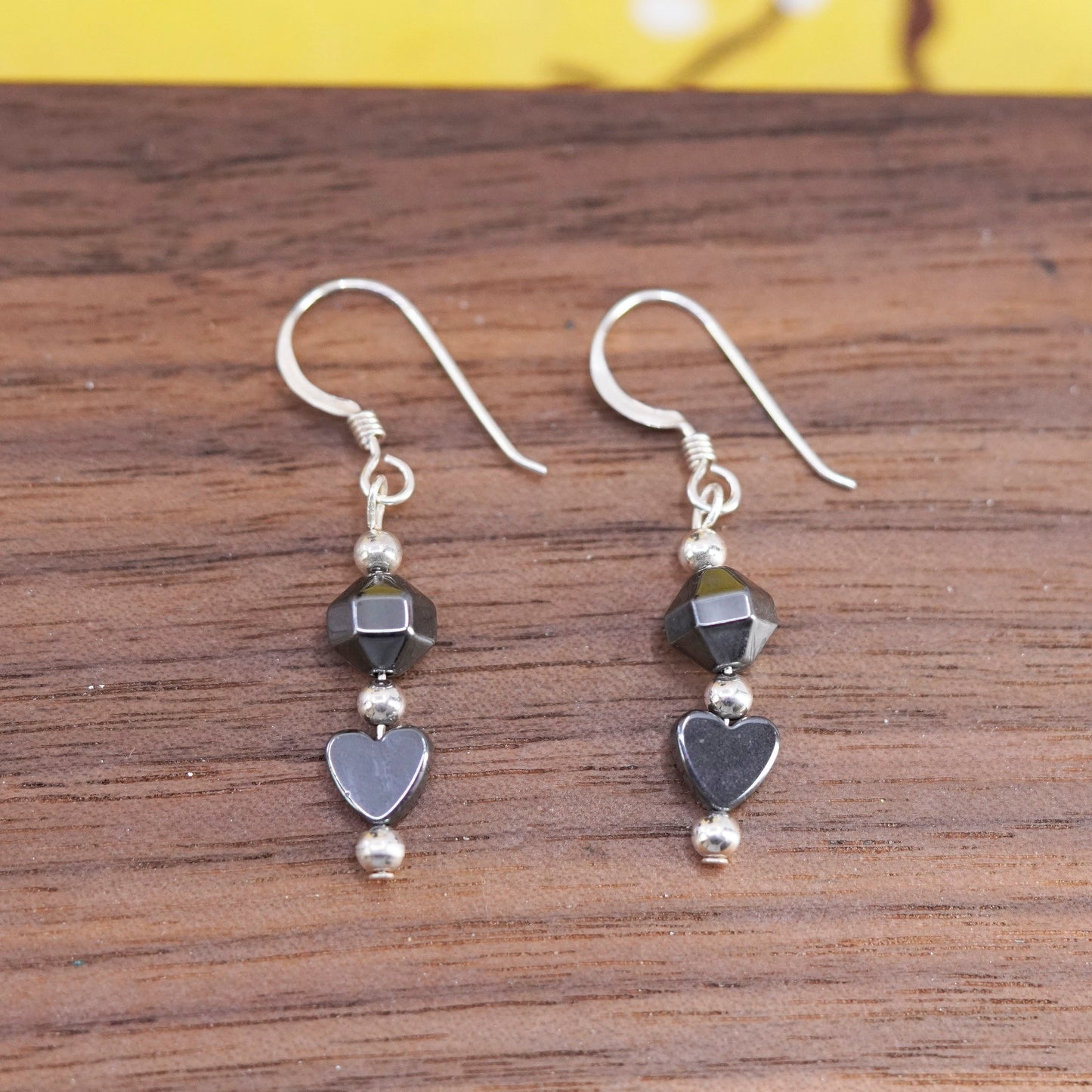 Vintage Sterling silver 925 earrings with heart hematite dangles