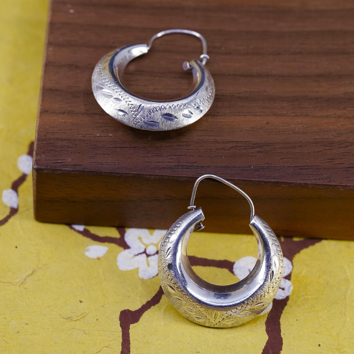 1.25", Vintage Sterling silver handmade hoop earrings, 925 textured edgy huggie