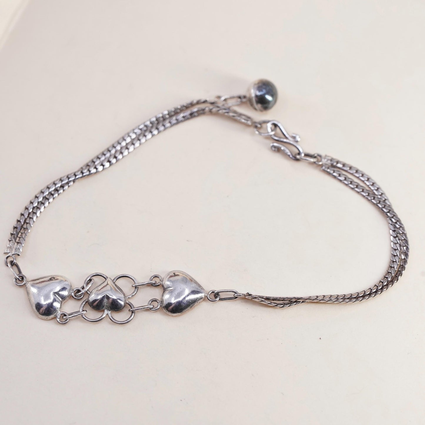7”, vintage Sterling Silver Bracelet, 925 curb chain with heart and bell chime