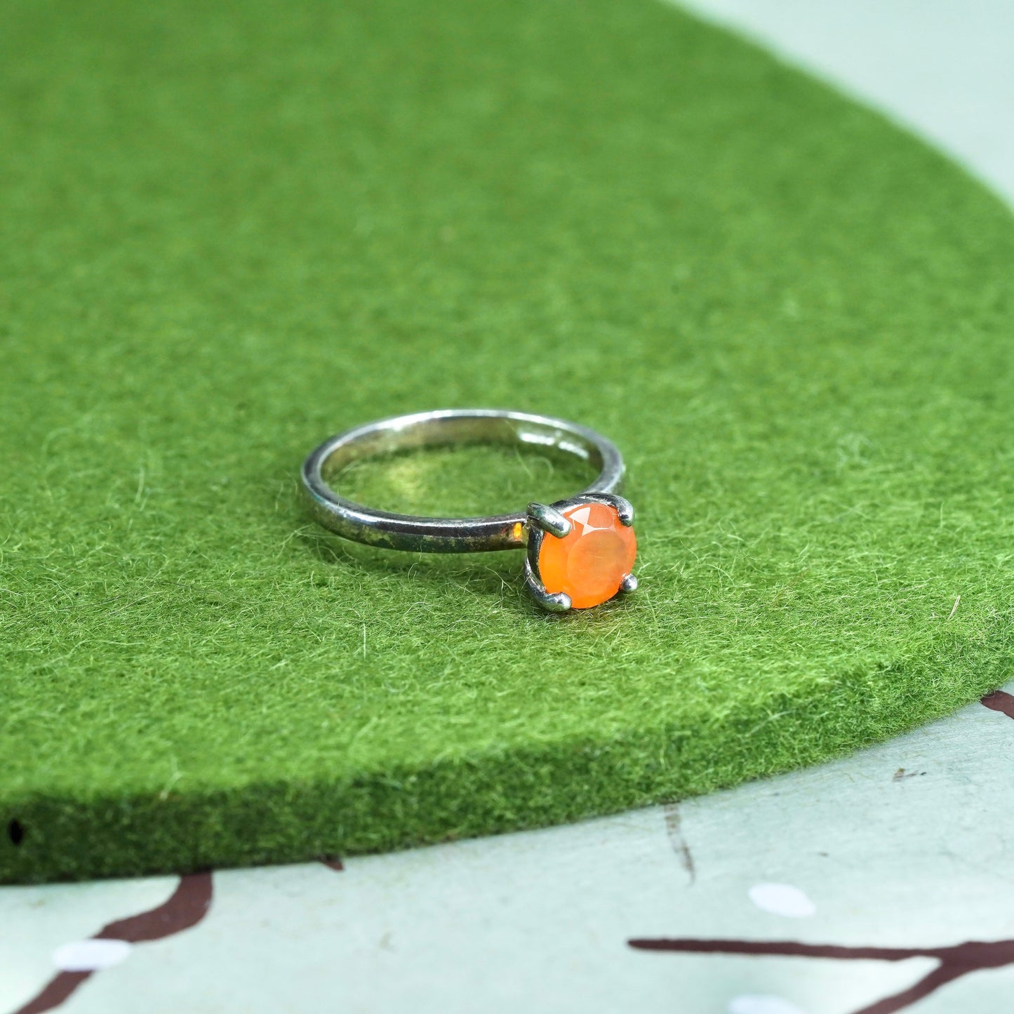 Size 6, Sterling silver handmade ring, 925 stackable band with orange crystal