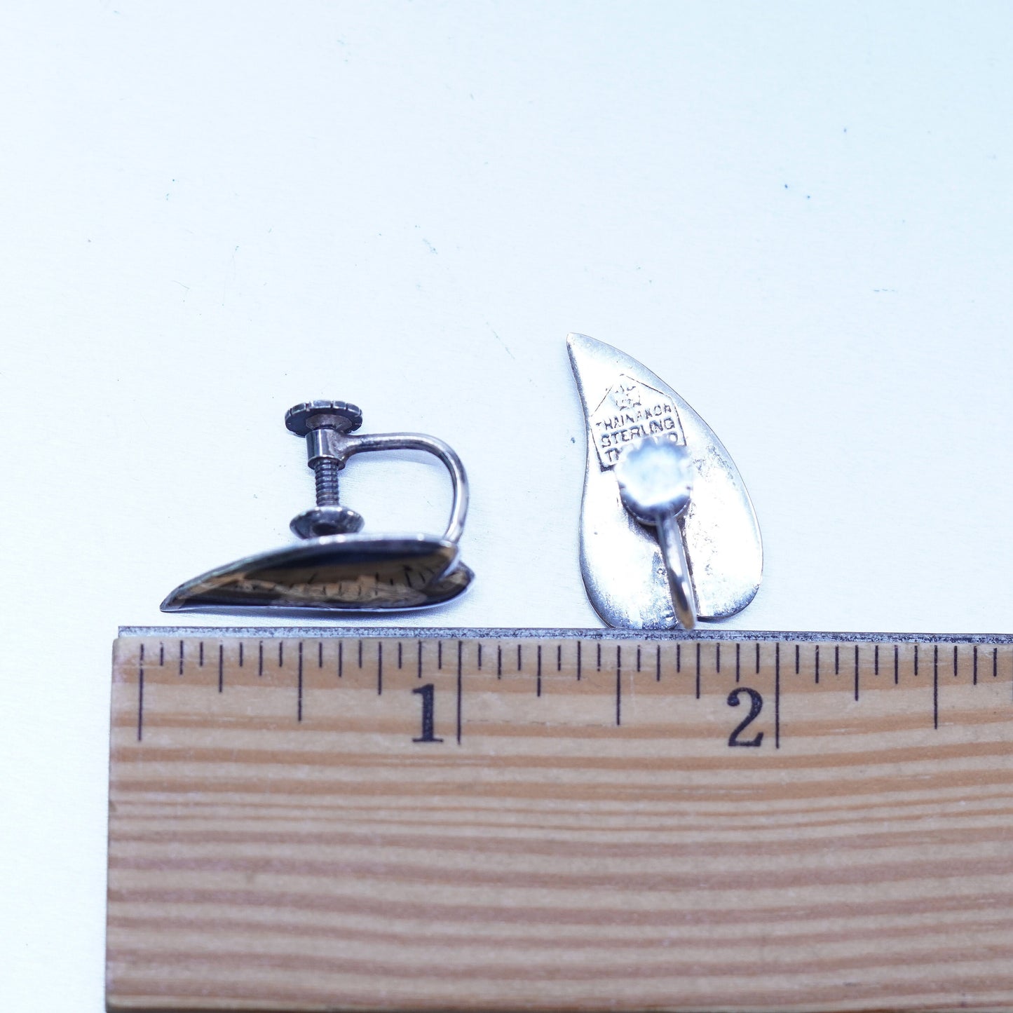 Vintage Siam sterling silver clip on earrings, 925 teardrop earrings, niello