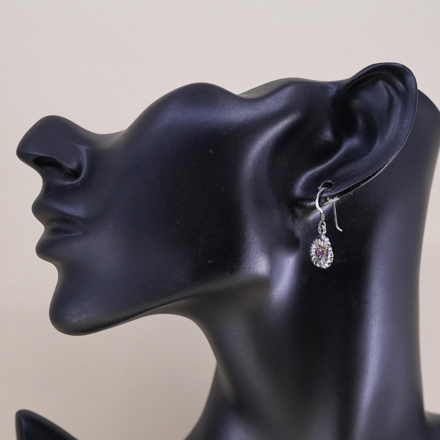 Vintage sterling silver handmade earrings, 925 flower with amethyst