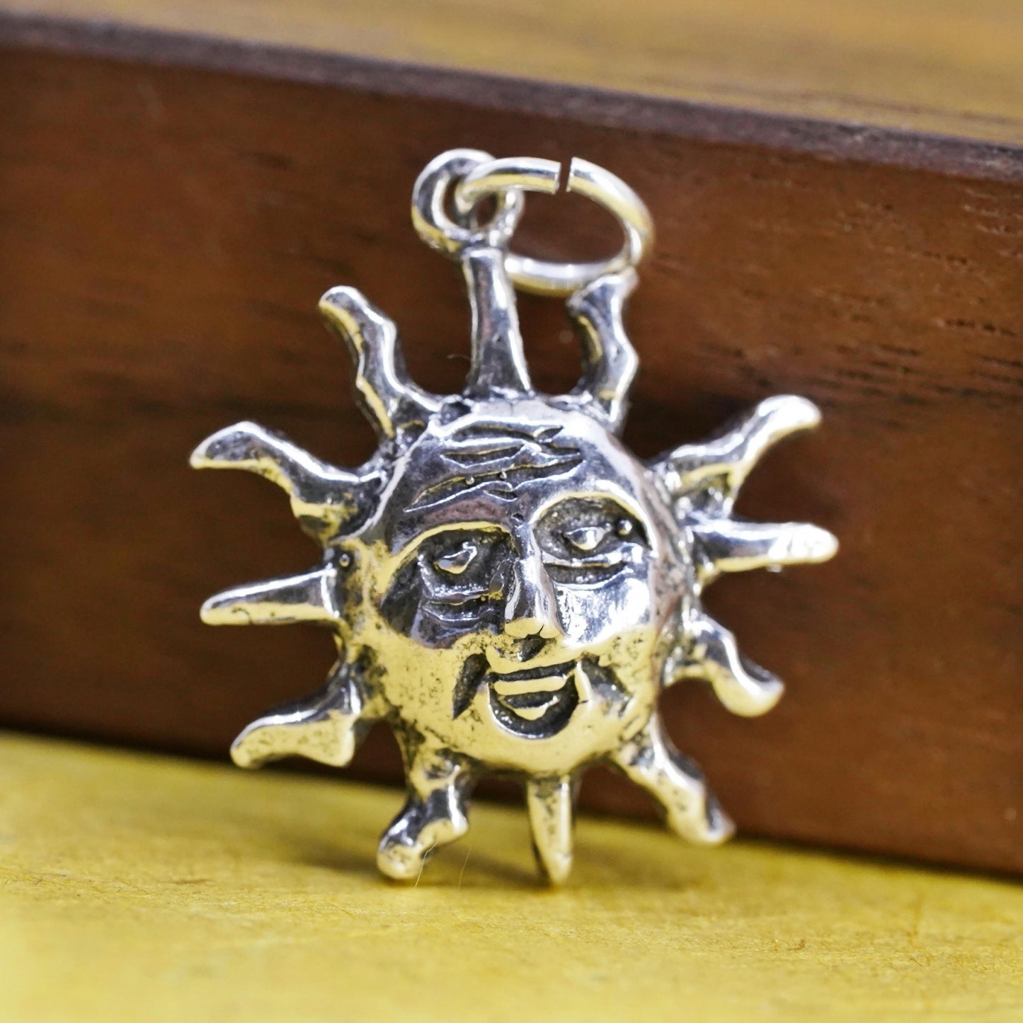 Vintage Sterling silver handmade sun face pendant, 925 sun charm