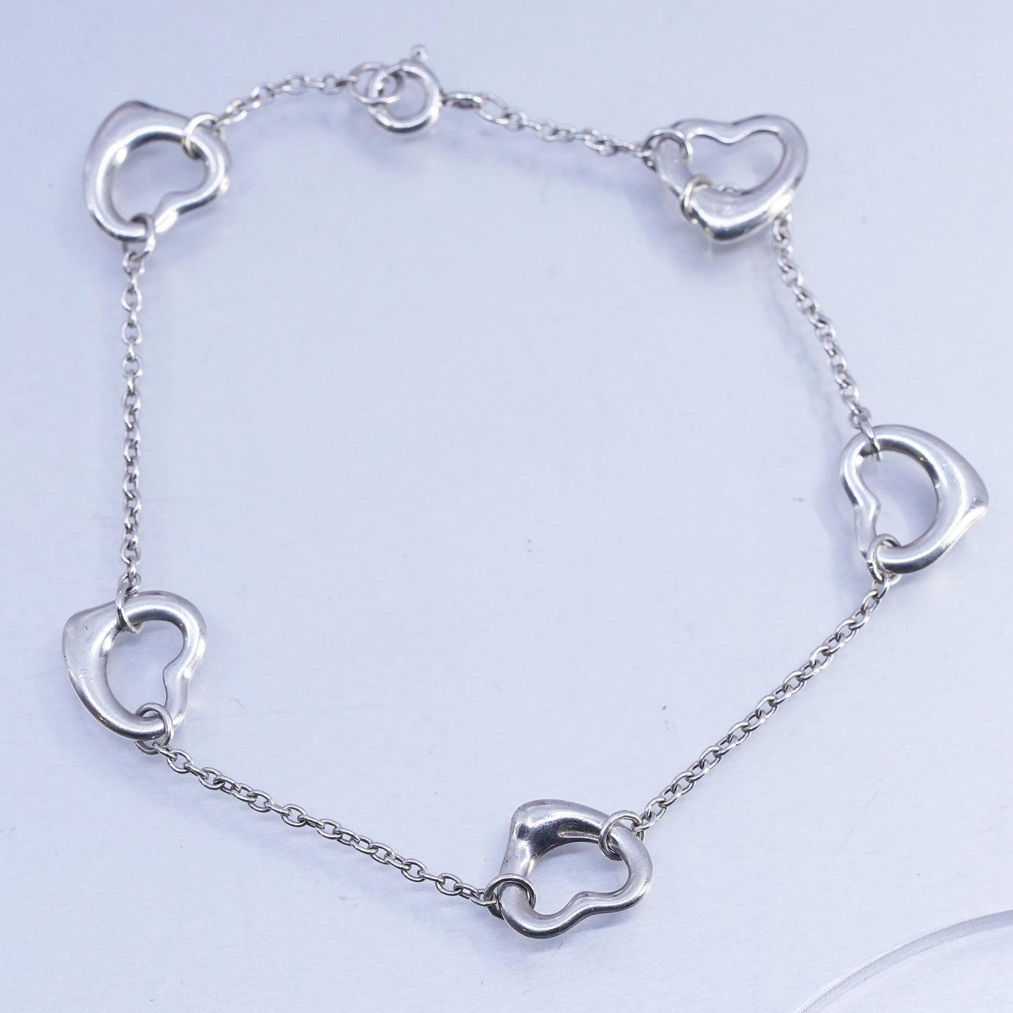 7.5" Vintage Sterling Silver Handmade Bracelet, 925 circle chain Heart Charms
