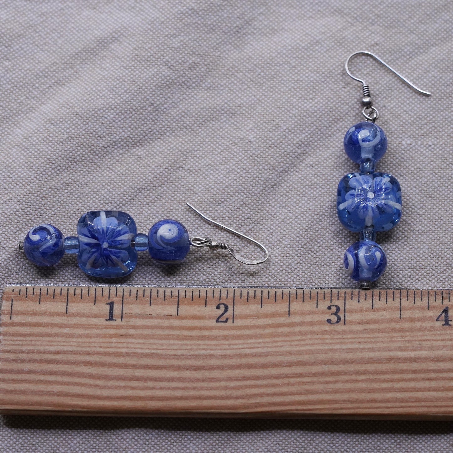 Vintage sterling 925 silver handmade earrings with blue floral glass bead