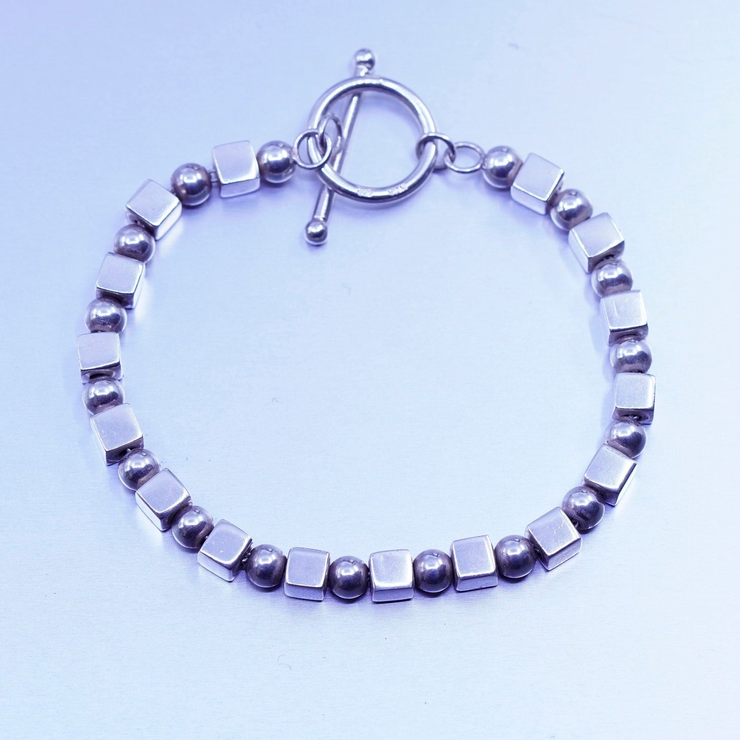 7”, Vintage Sterling 925 silver handmade bracelet, chain with cube beads