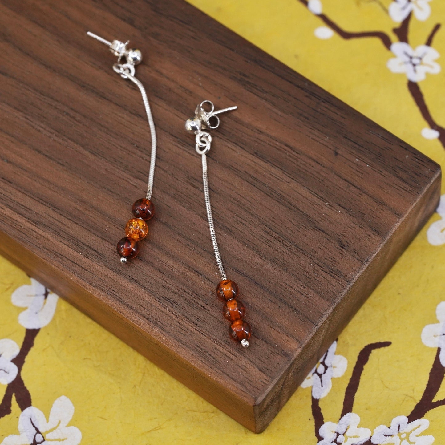 Vintage Sterling 925 silver handmade earrings with Amber beads