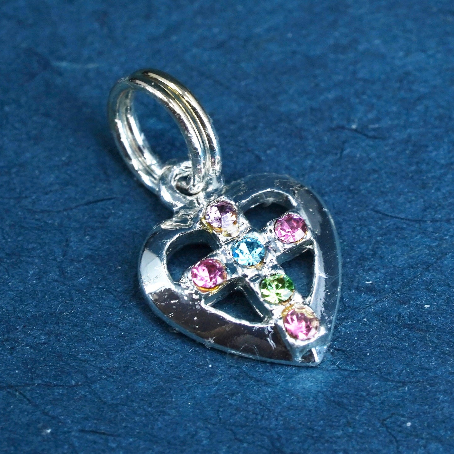 Vintage Sterling 925 silver handmade pendant with heart cross cluster crystal