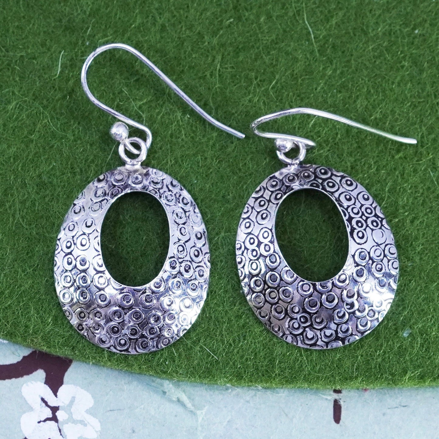 Vintage Sterling silver handmade earrings, textured 925 oval dangles