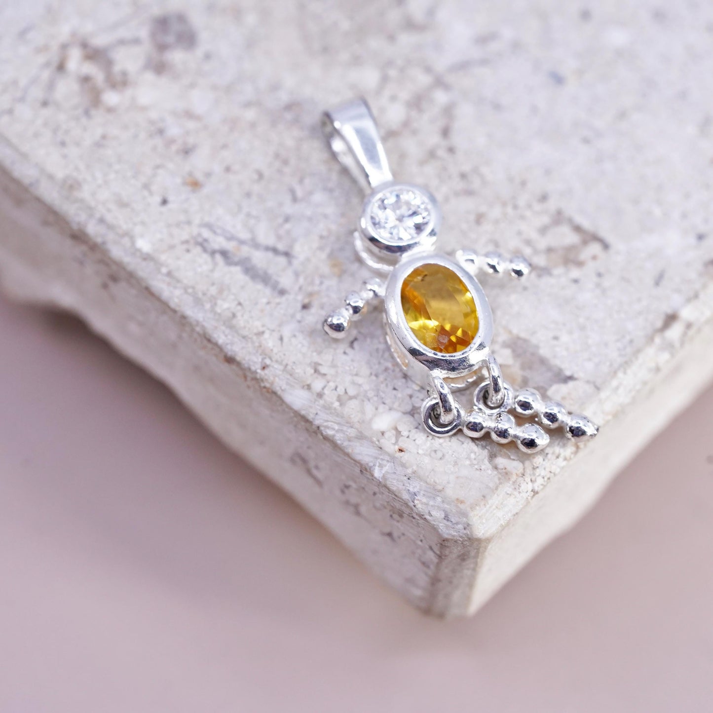 Sterling silver handmade birthstone pendant, 925 citrine boy figure charm