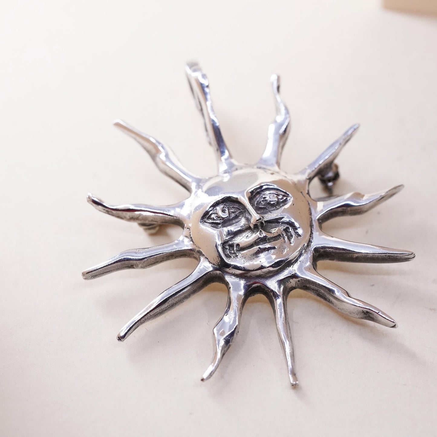 Vintage Mexican Sterling silver handmade sun face pendant, 925 brooch