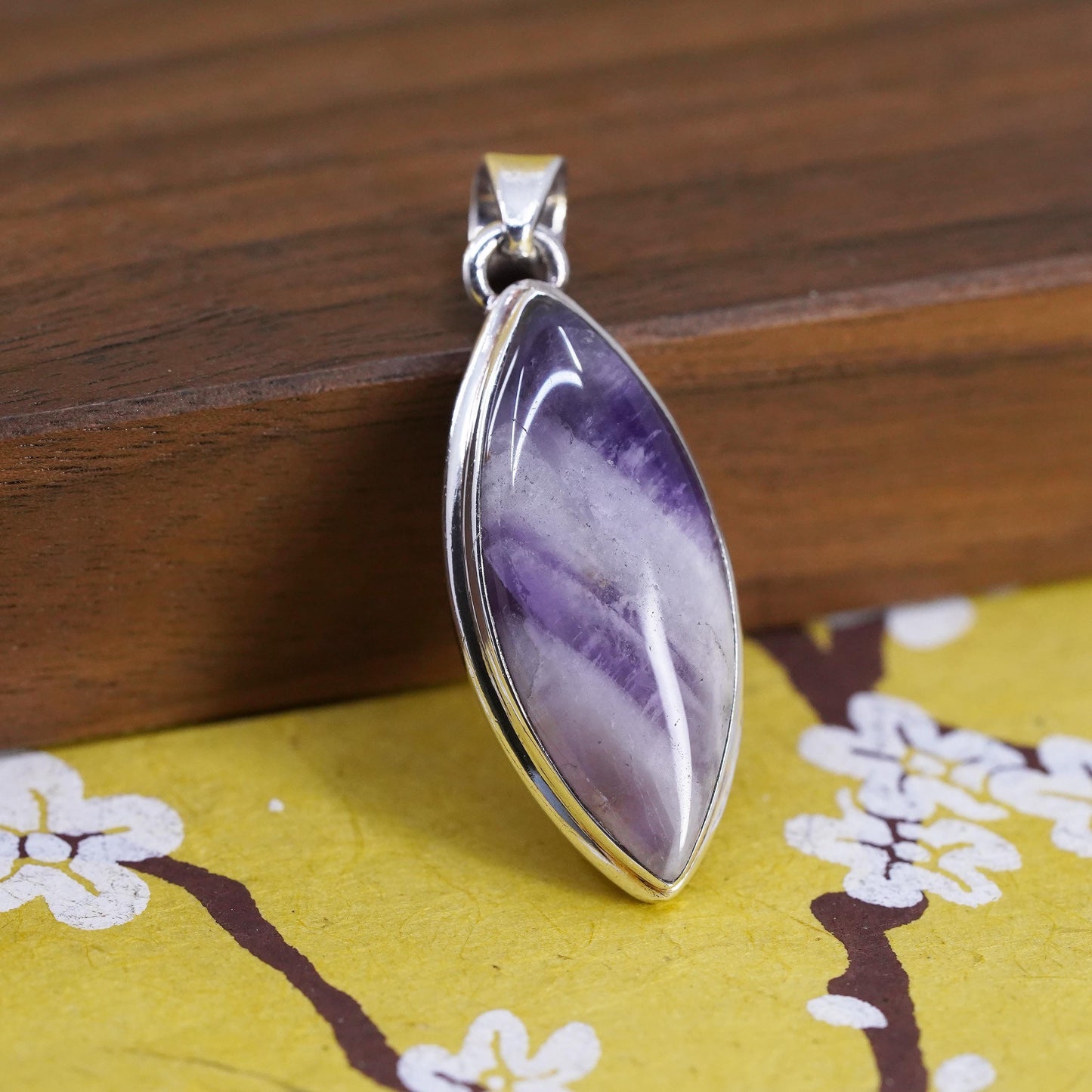 Vintage Sterling 925 silver handmade marquise shaped pendant with amethyst