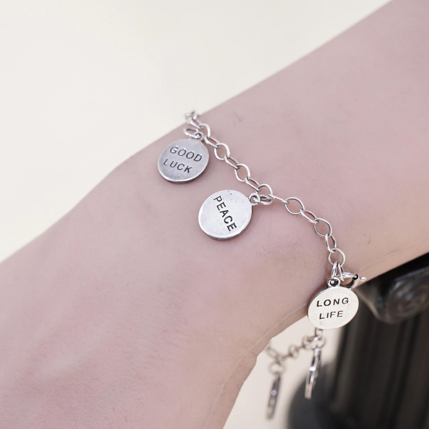 7” Sterling Silver Chinese Character Charms Bracelet, Love Wealth Wisdom Health
