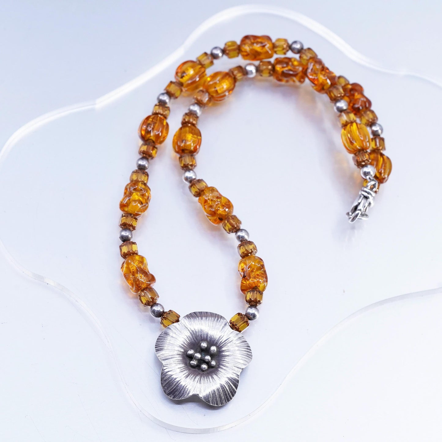 17", 925 Sterling 925 Silver Necklace with Amber beads and flower pendant