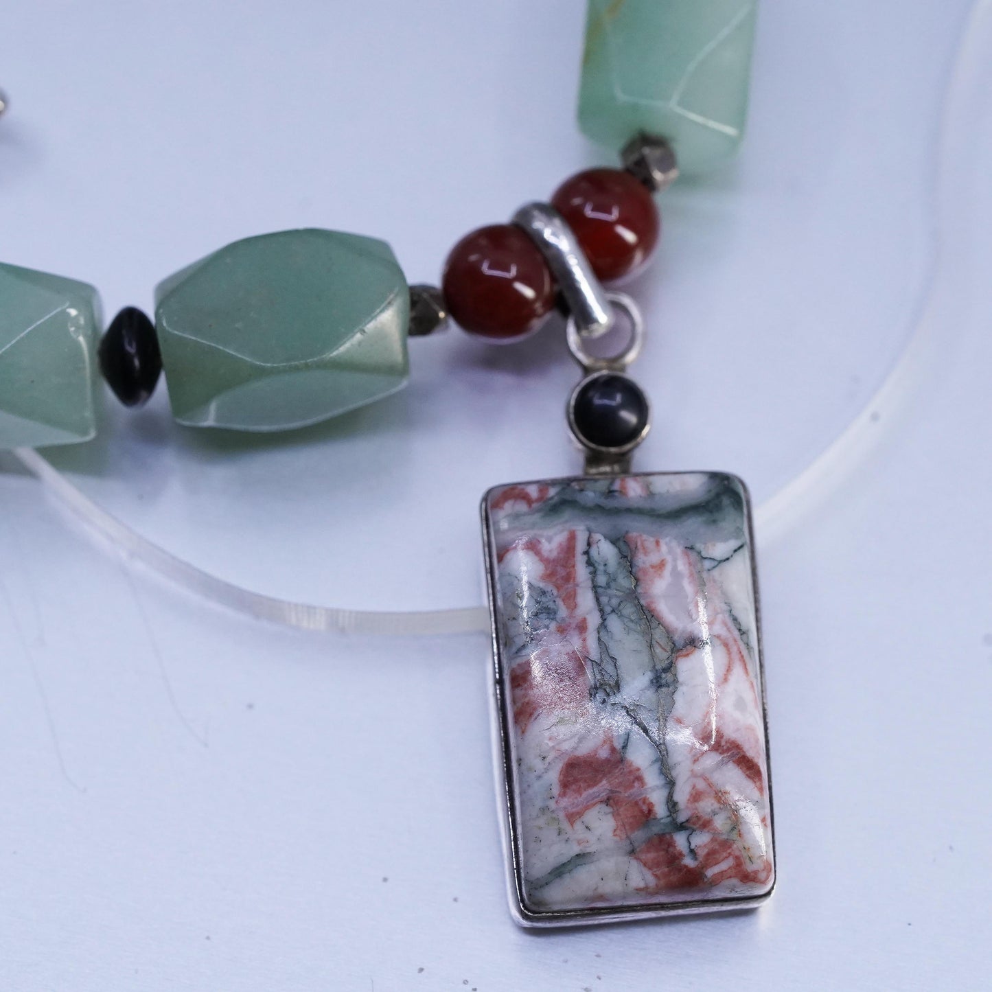 16” VTG Sterling 925 Silver Jade nugget carnelian beads necklace jasper pendant