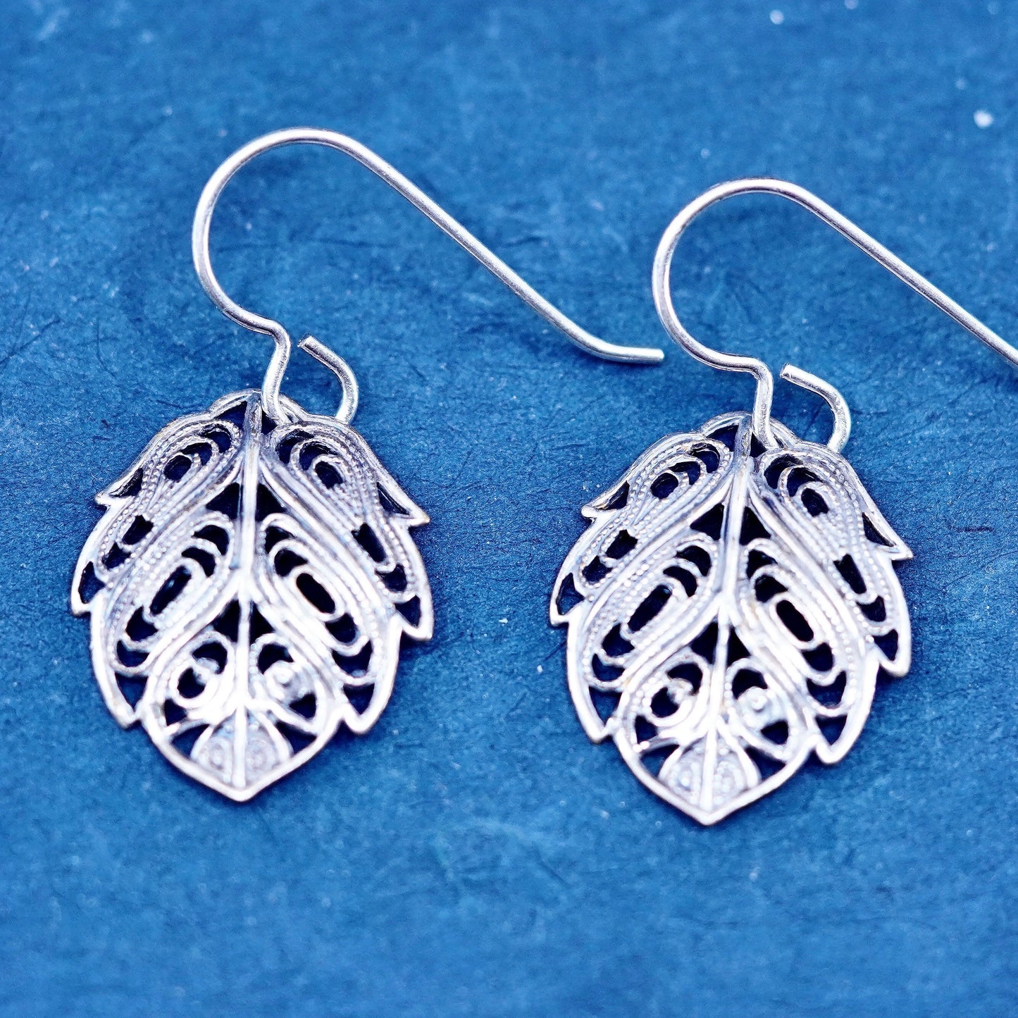 Vintage sterling silver handmade earrings, 925 filigree leaf drop