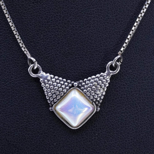 16”, vintage Sterling 925 silver handmade box chain necklace with pearl pendant