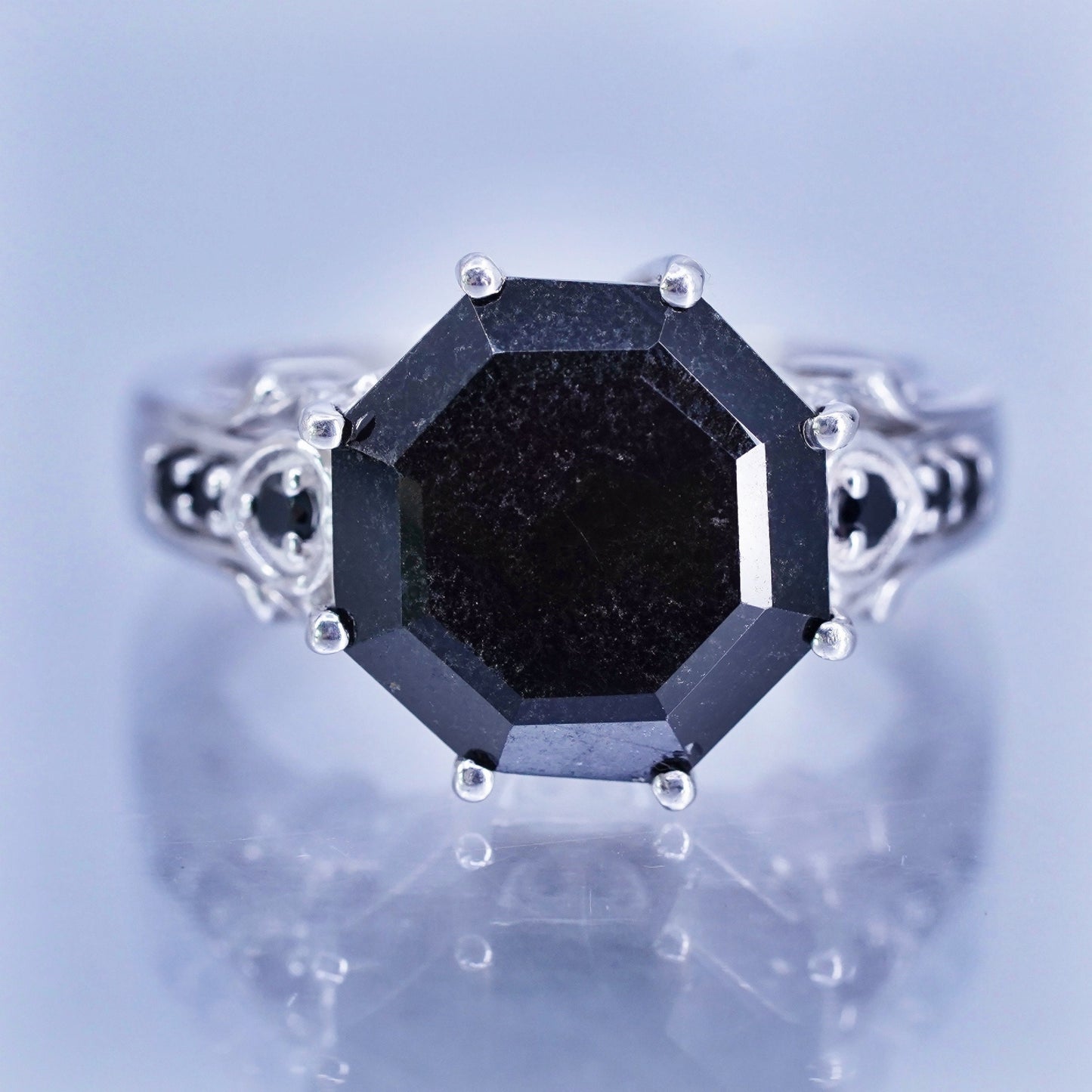 Size 11.25, vintage Sterling 925 silver filigree ring with obsidian