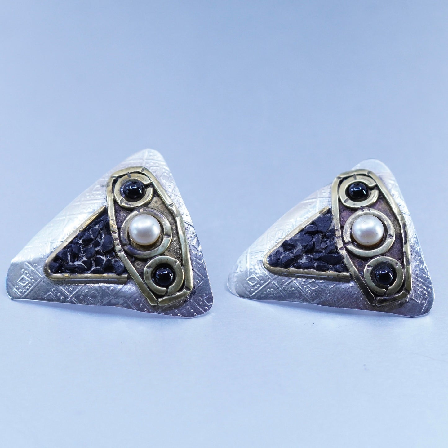 two tone Sterling 925 silver earrings, triangular owl studs pearl black onyx