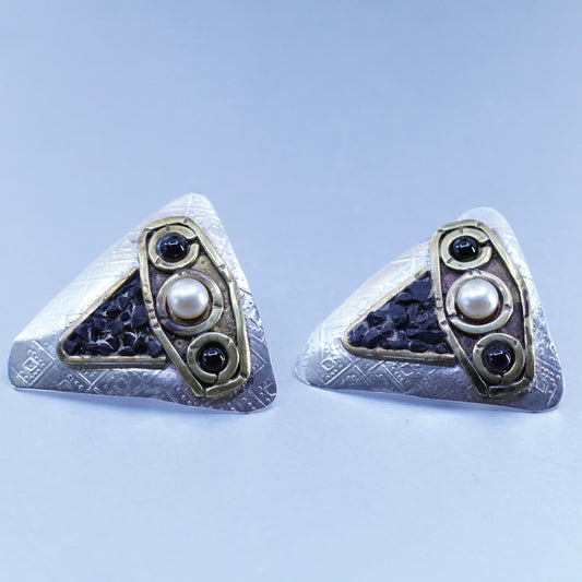 two tone Sterling 925 silver earrings, triangular owl studs pearl black onyx