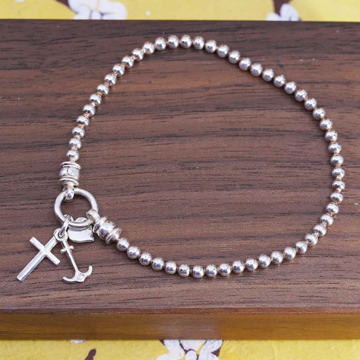 7”, VTG Italian Sterling 925 silver beads bracelet cross heart anchor charms