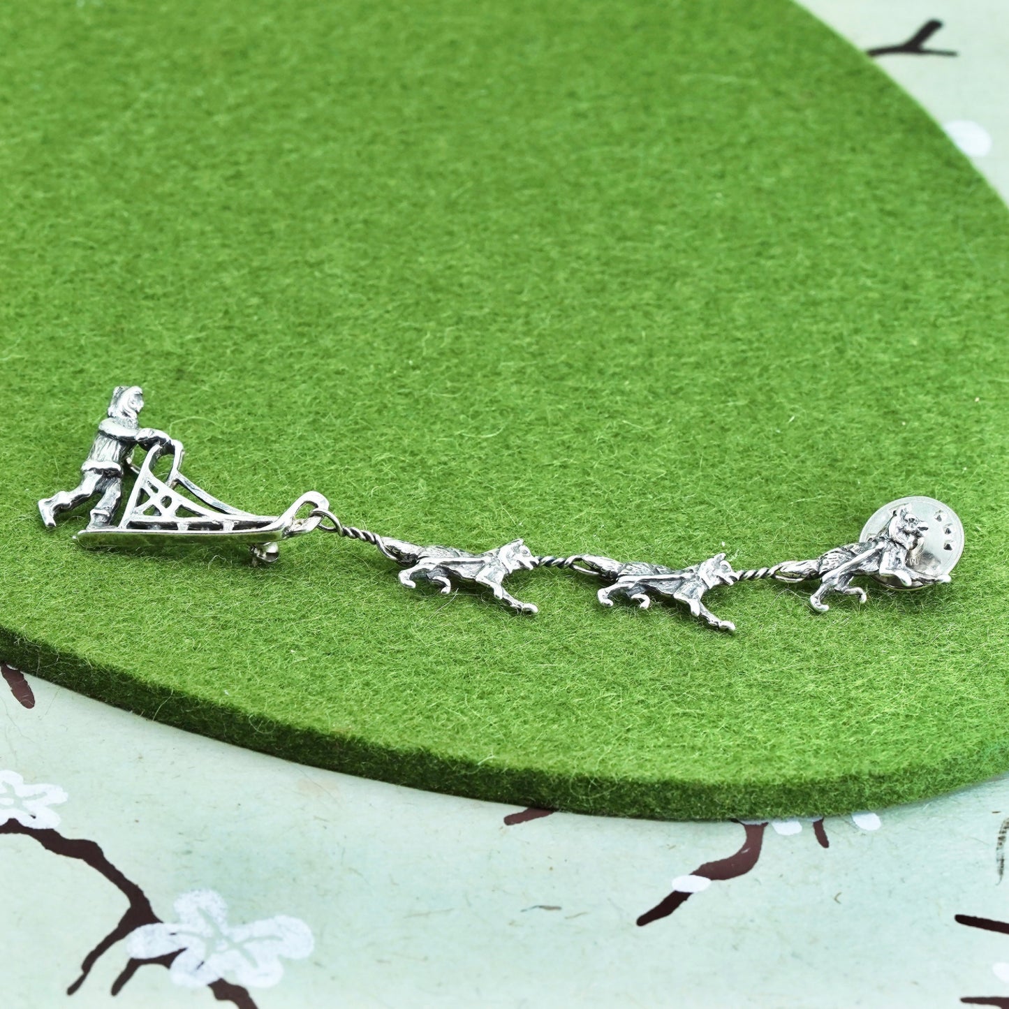 sterling silver handmade brooch, 925 sled with three Huskie dog, Christmas pin