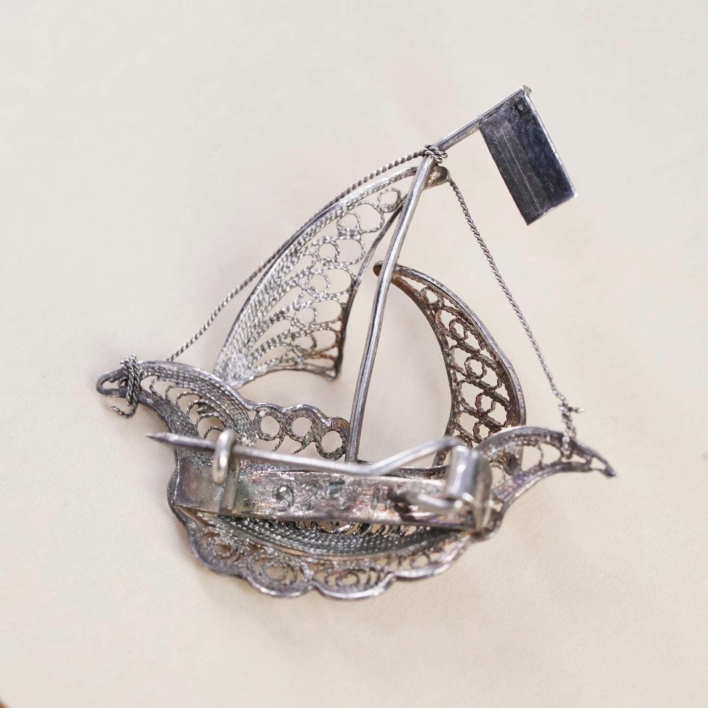Sterling Silver Filigree Sailboat Brooch, 925 Maritime Ship Pin Sailing Yacht