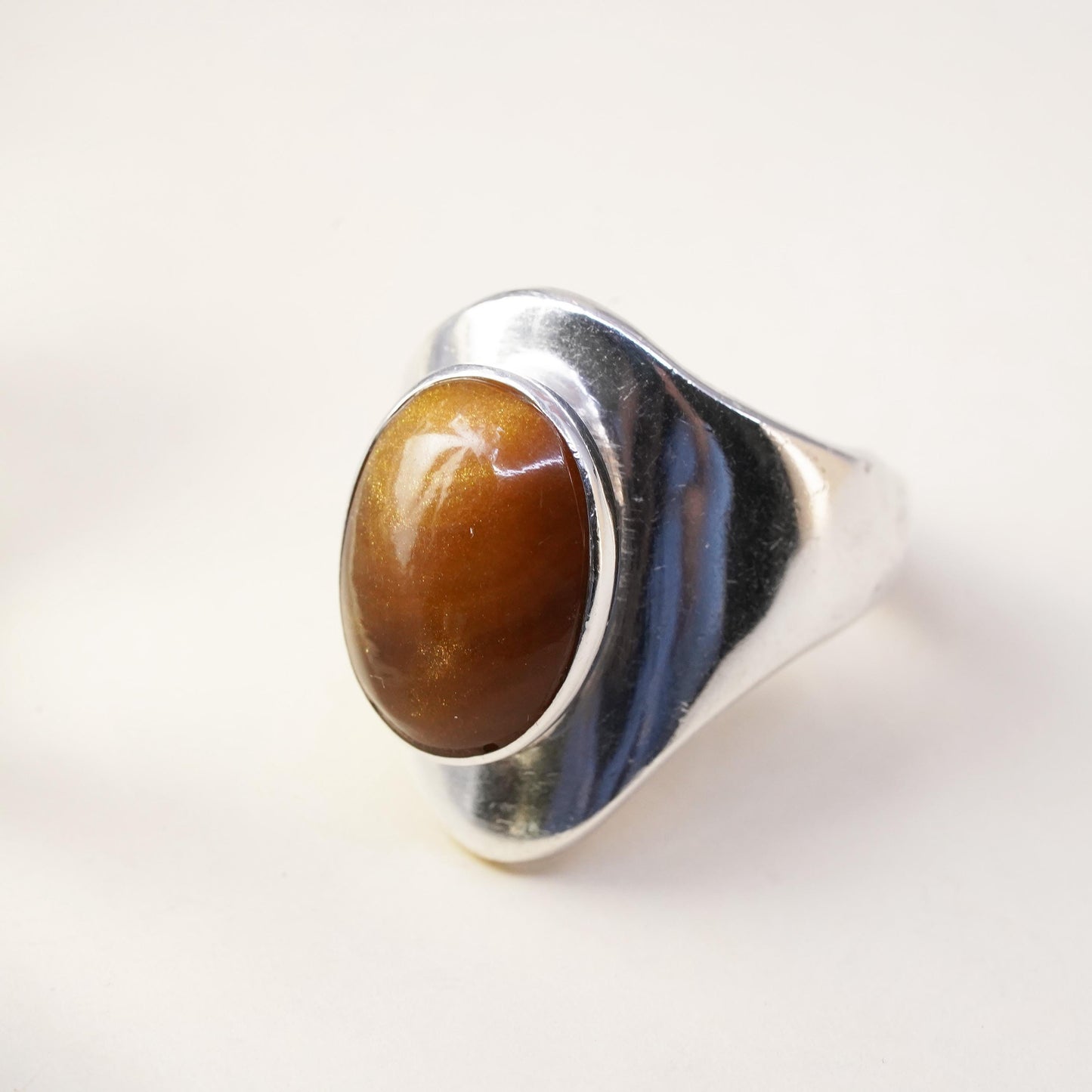 Size 6.25, VTG Mexican handmade sterling 925 silver statement ring goldstone