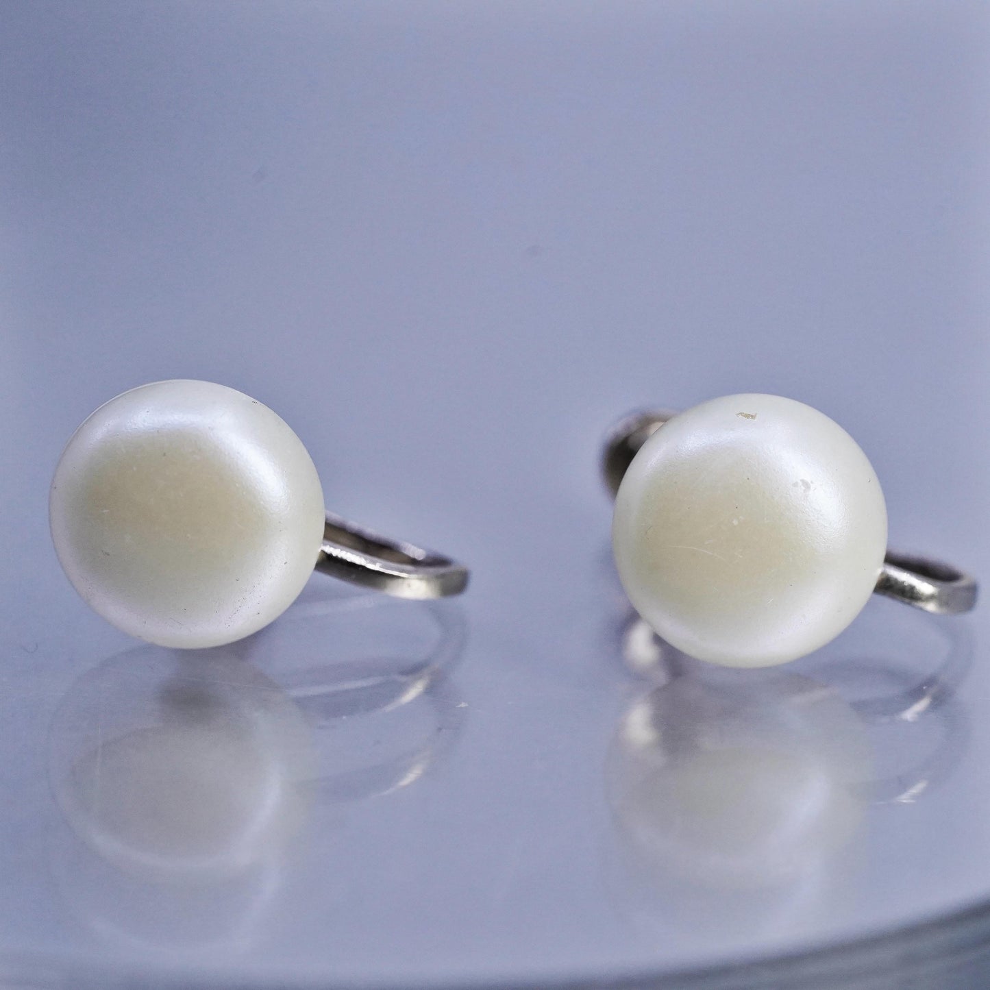 Vintage Sterling 925 Silver Handmade Screw Back Earrings With faux Pearl