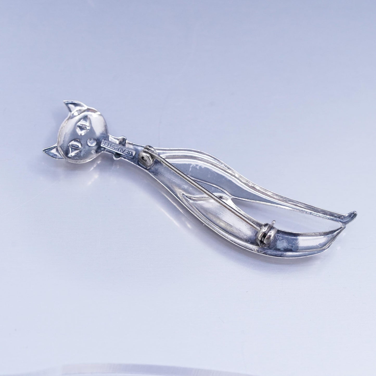 Vintage Beau sterling silver handmade brooch, 925 kitty cat pin