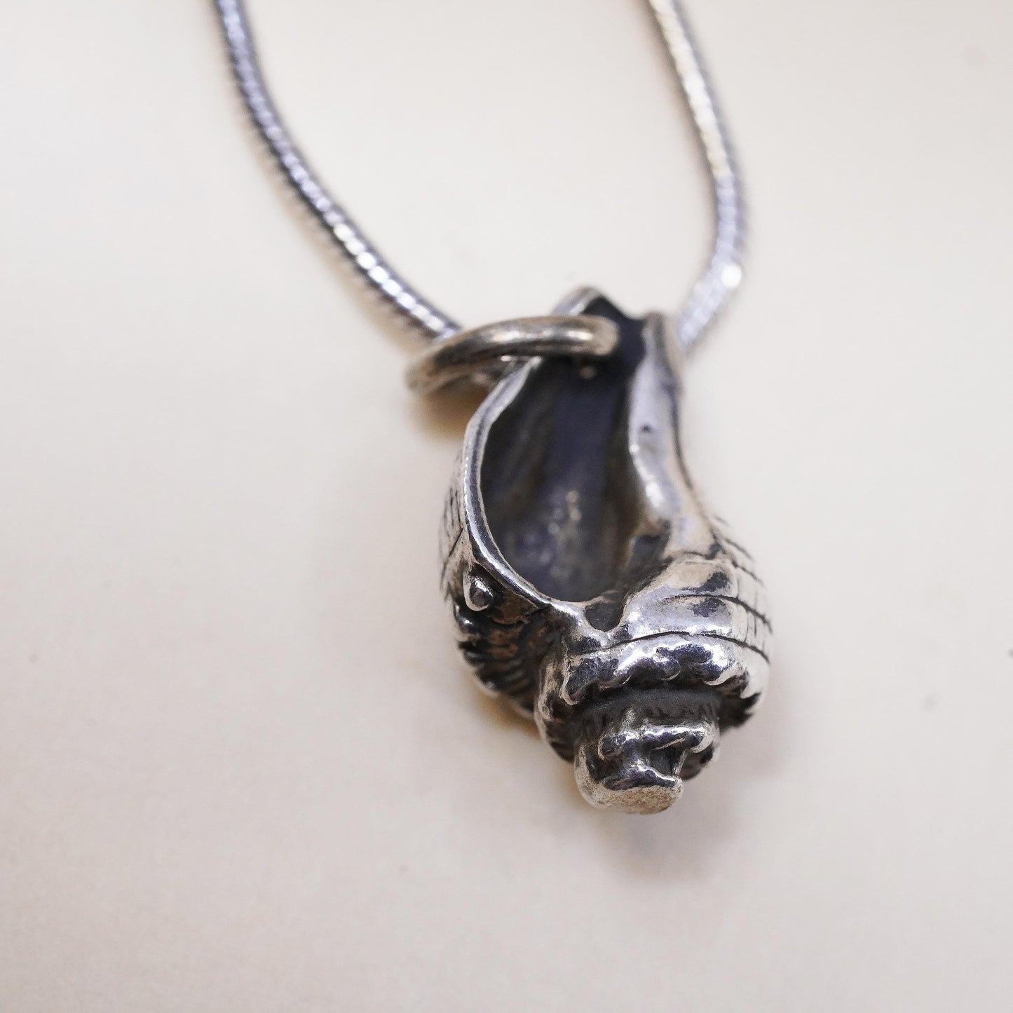 18" 1mm, Vintage Sterling 925 silver snake chain necklace w/ sea shell pendant