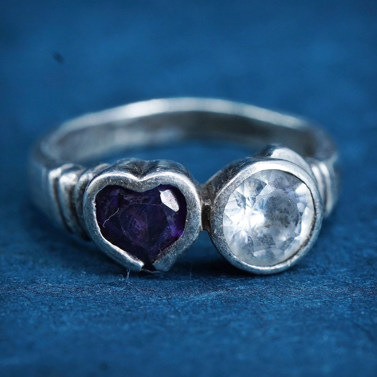 Size 6, Vintage Sterling silver handmade ring, 925 band with heart amethyst Cz