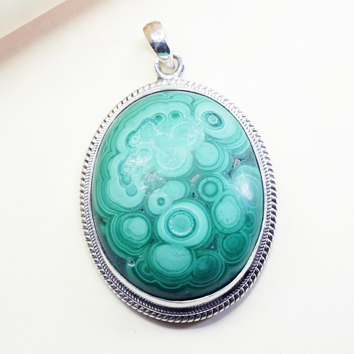 Vintage sterling 925 silver handmade huge pendant with oval dome malachite