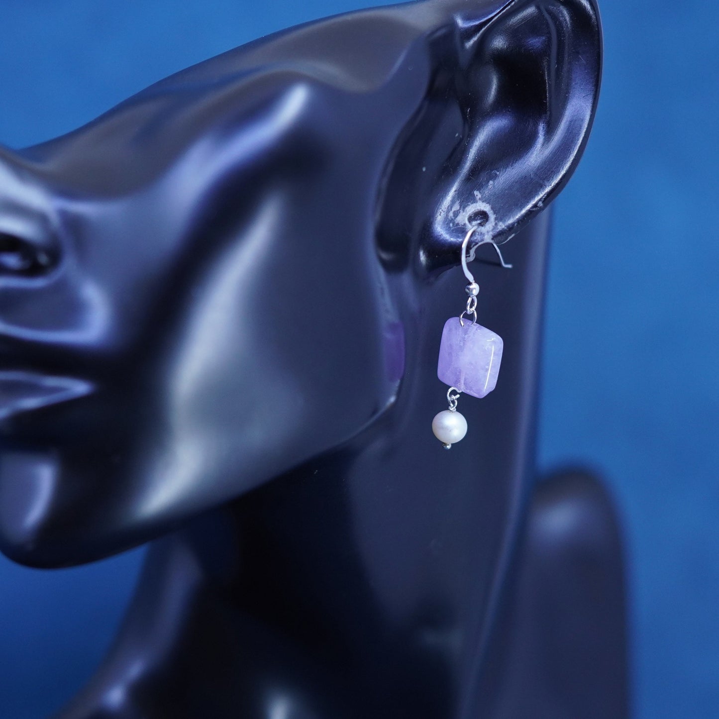 Vintage sterling 925 silver handmade earrings with pearl amethyst beads