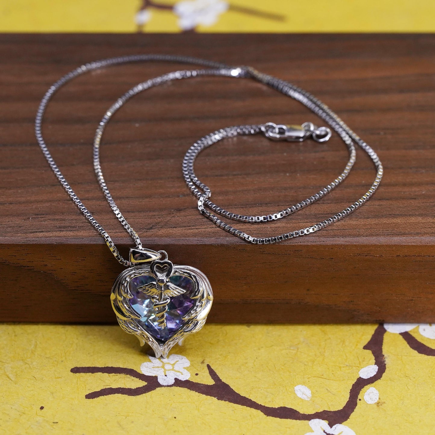 18", sterling silver 925 box necklace rainbow crystal nurse Angel pendant