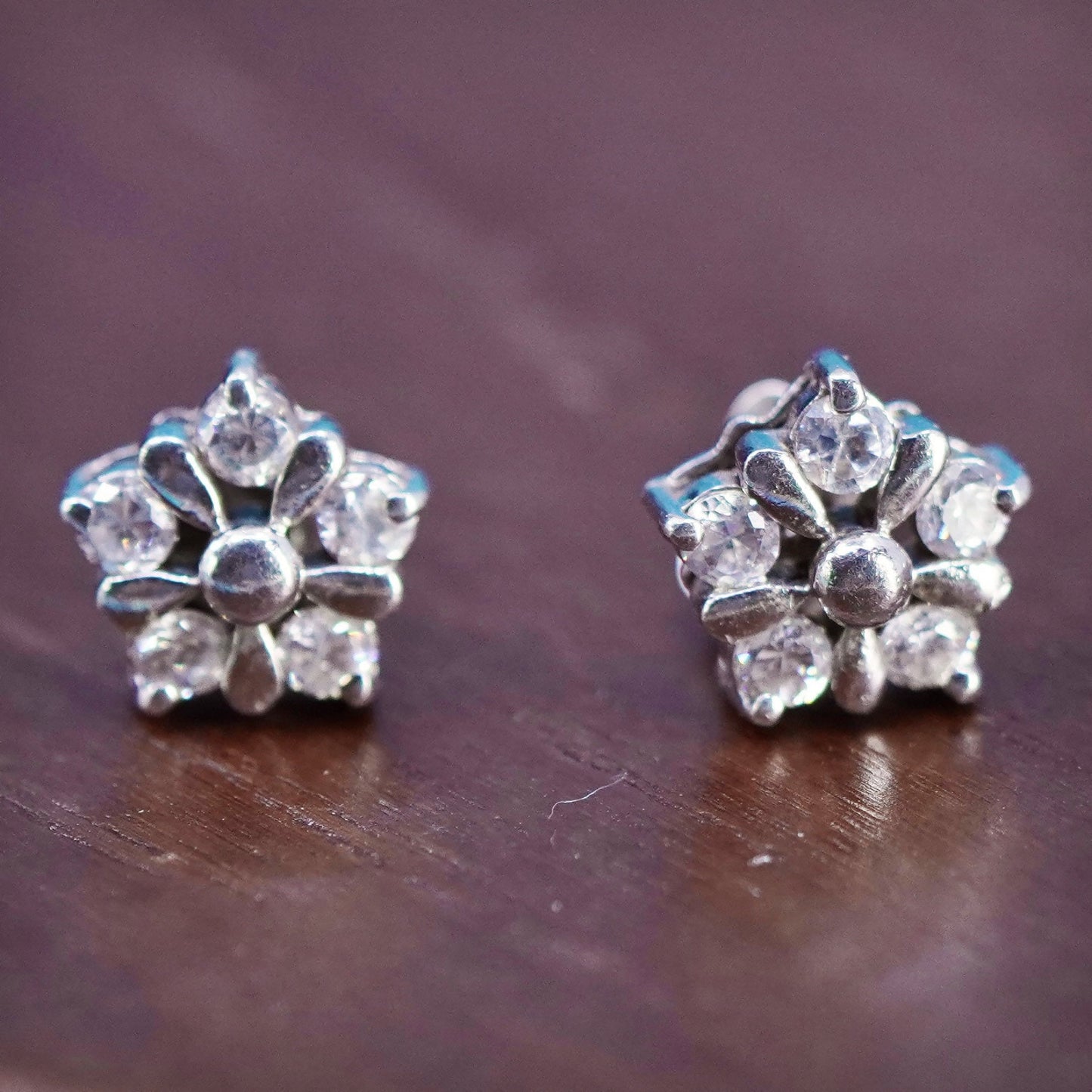 Vintage Sterling silver handmade earrings, 925 flower studs with cz