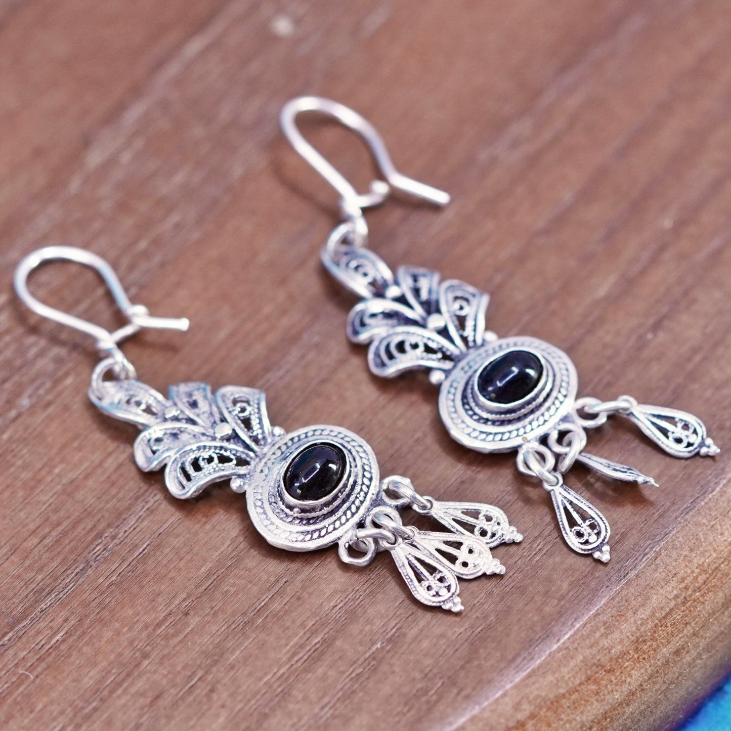Vintage Sterling 925 Silver Handmade filigree Earrings with oval onyx