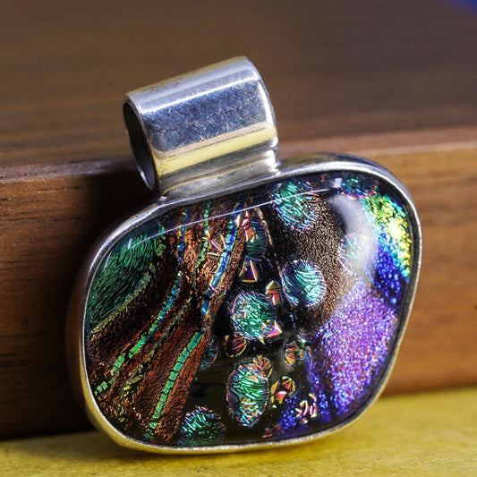 Dichroic Art Glass Sterling Silver 925 Pendant Rainbow Iridescent Fused Jewelry