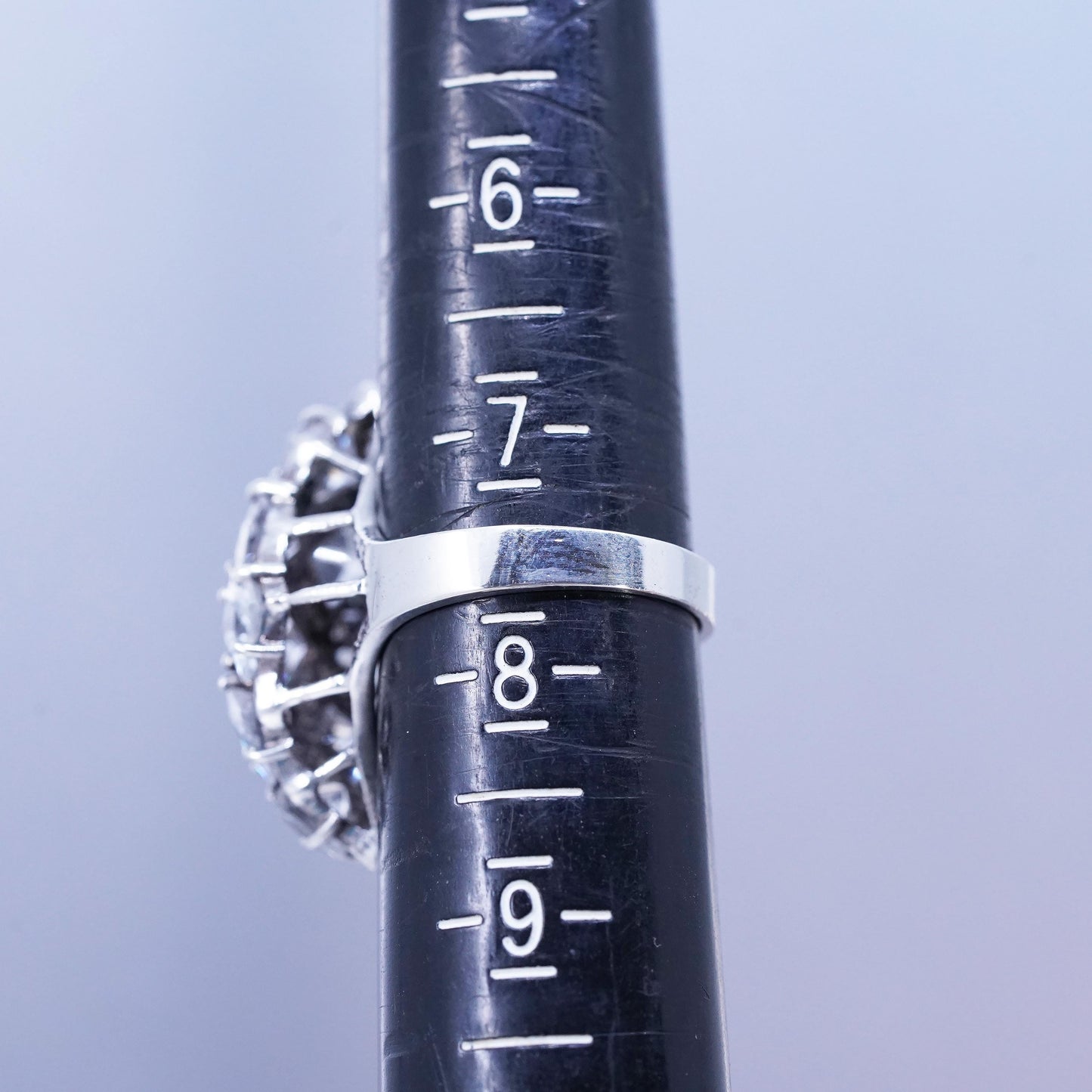 Size 7.5, vintage Sterling 925 silver handmade wide band ring with cluster Cz