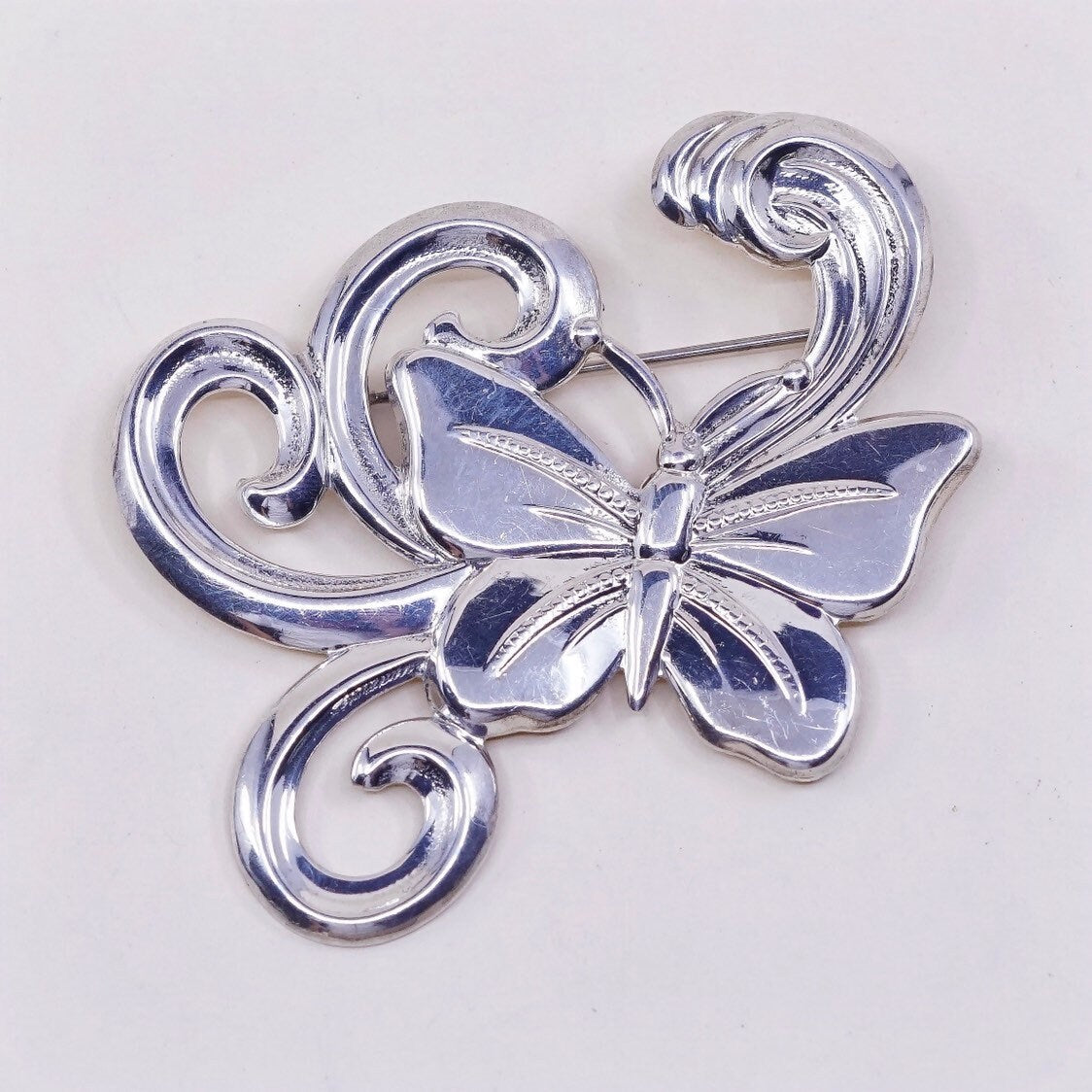 vintage Sterling silver handmade brooch, 925 silver butterfly pin with swirl, silver tested