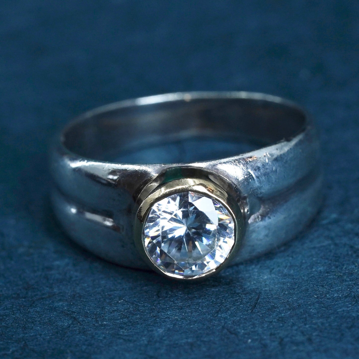 Size 5.5, vintage two tone Sterling 925 silver handmade engagement ring with cz