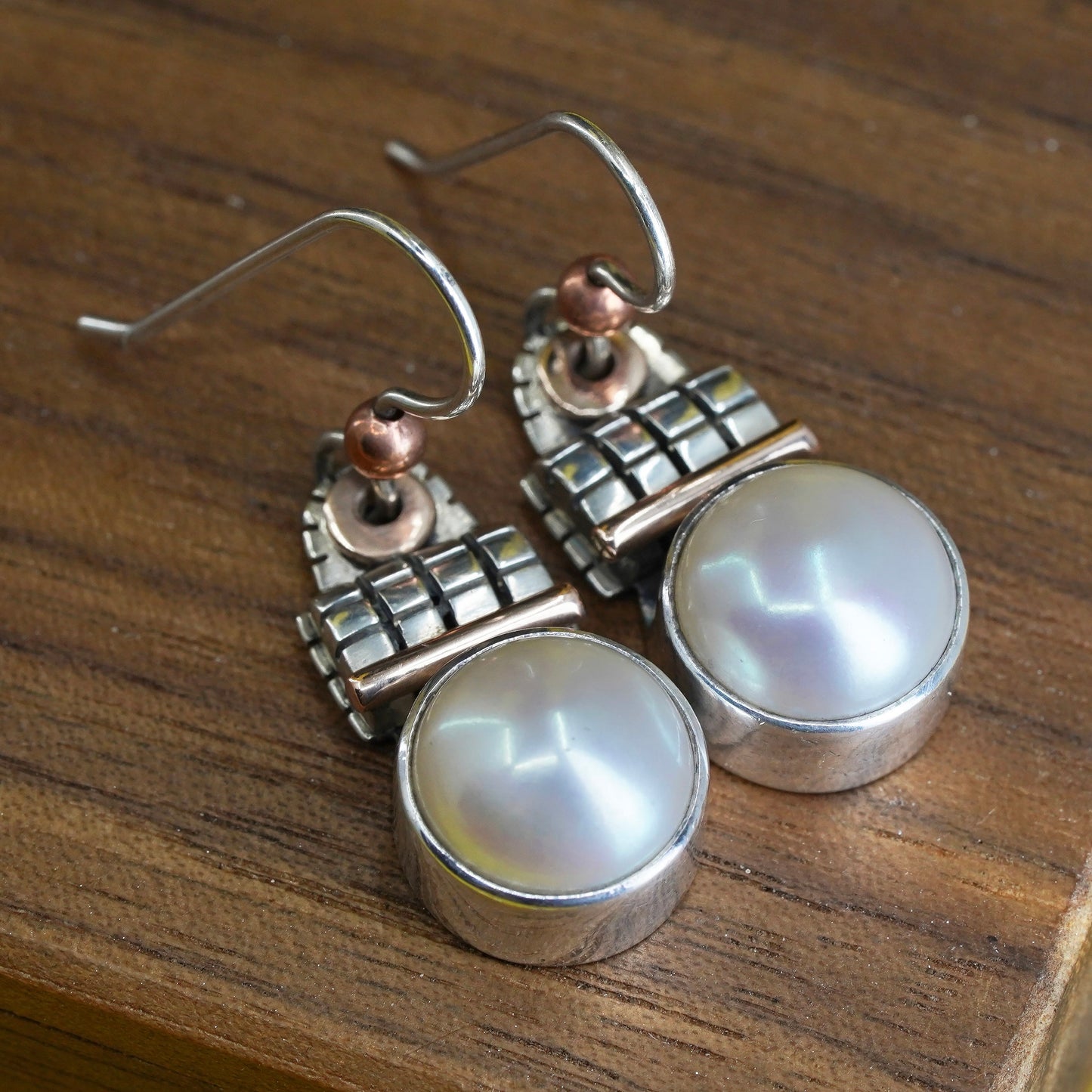 designer two tone sterling silver earrings, 925 dangle with 14K accent pearl